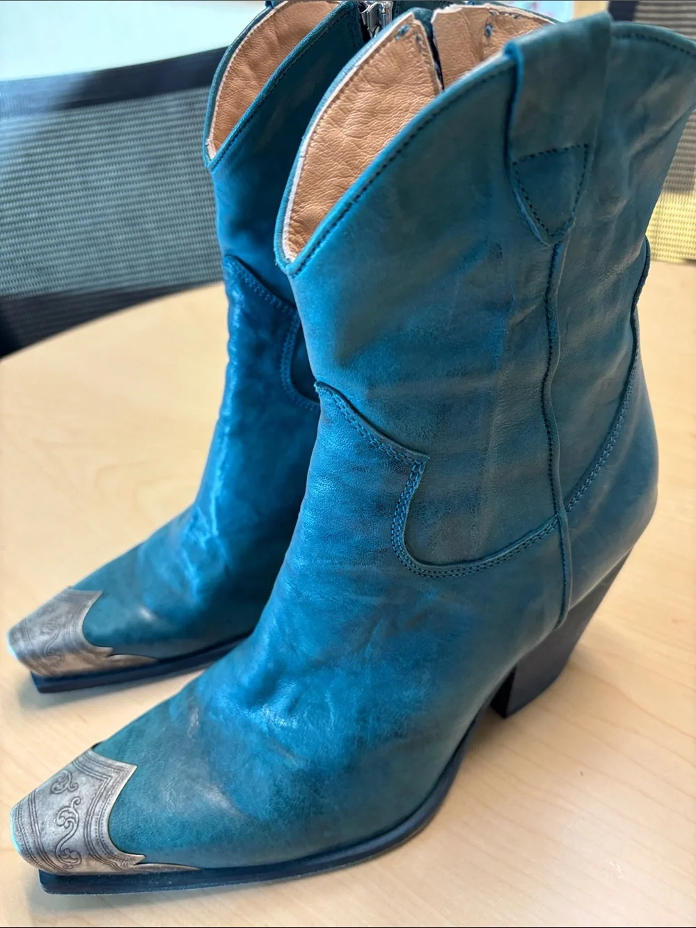 Free People Vero Cuoio Teal Italian Leather Western Boots with Silver Toe Caps - Picture 2 of 8
